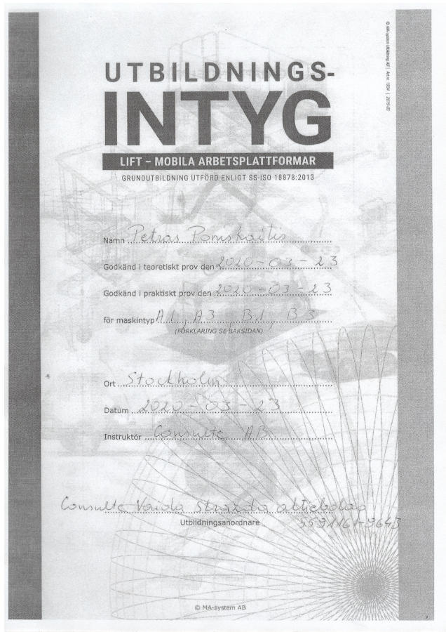 Utbildningsintyg lift-mobila arbetsplattformar